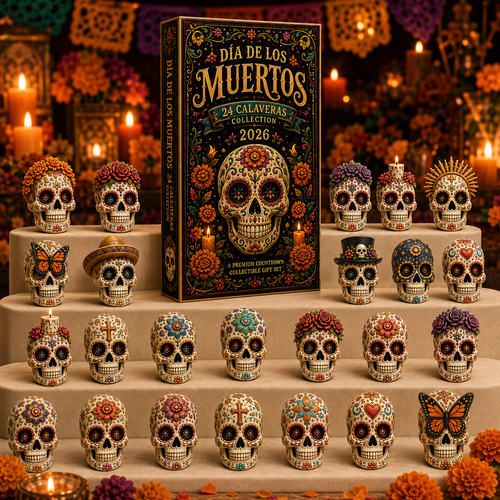 Dia de los Muertos 24-Day Advent Calendar – 24 Collectible Sugar Skull Figurines, Premium Day of the Dead Countdown Gift Set for Collectors & Holiday Lovers