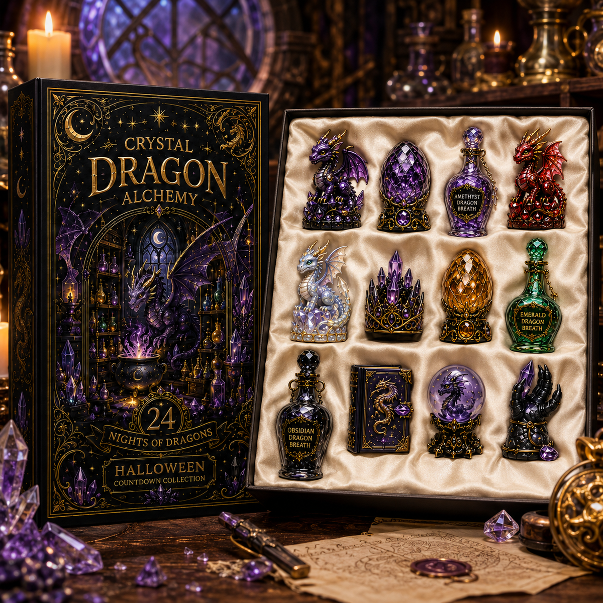 Crystal Dragon Alchemy Halloween Countdown Collection – 24 Nights of Dragons, Crystal Eggs & Magical Potion Miniatures for Fantasy Collectors