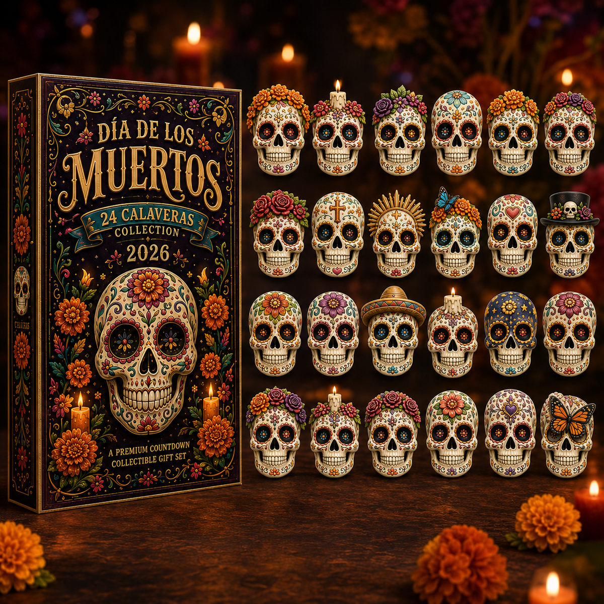 Dia de los Muertos 24-Day Advent Calendar – 24 Collectible Sugar Skull Figurines, Premium Day of the Dead Countdown Gift Set for Collectors & Holiday Lovers
