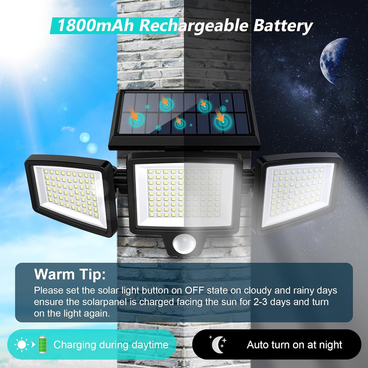 Tuffenough Solar Outdoor Lights 2500LM 210 LED Security Lights with Remote Control,3 Heads Motion Sensor Lights, IP65 Waterproof,270° Wide Angle Flood Wall Lights with 3 Modes