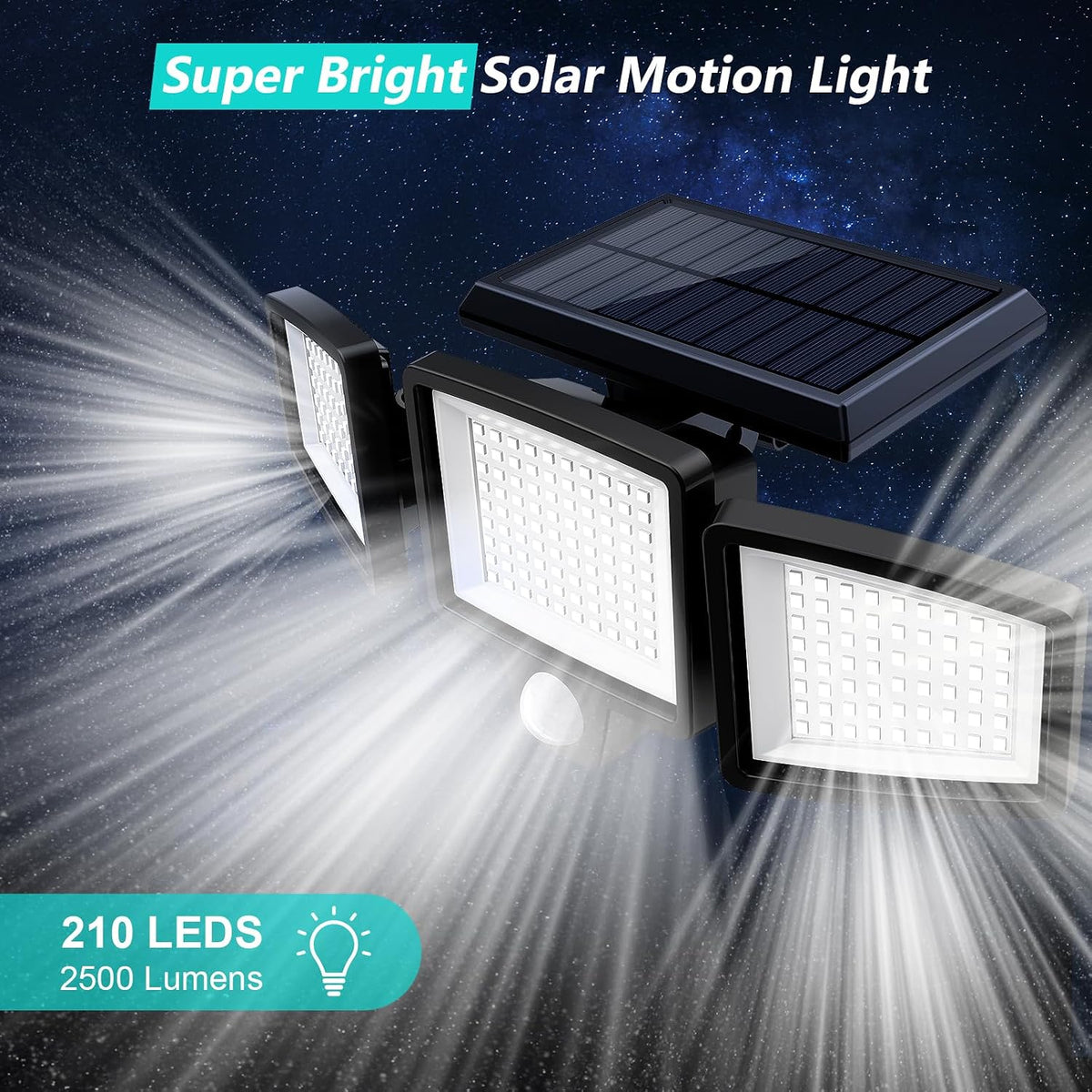 Tuffenough Solar Outdoor Lights 2500LM 210 LED Security Lights with Remote Control,3 Heads Motion Sensor Lights, IP65 Waterproof,270° Wide Angle Flood Wall Lights with 3 Modes