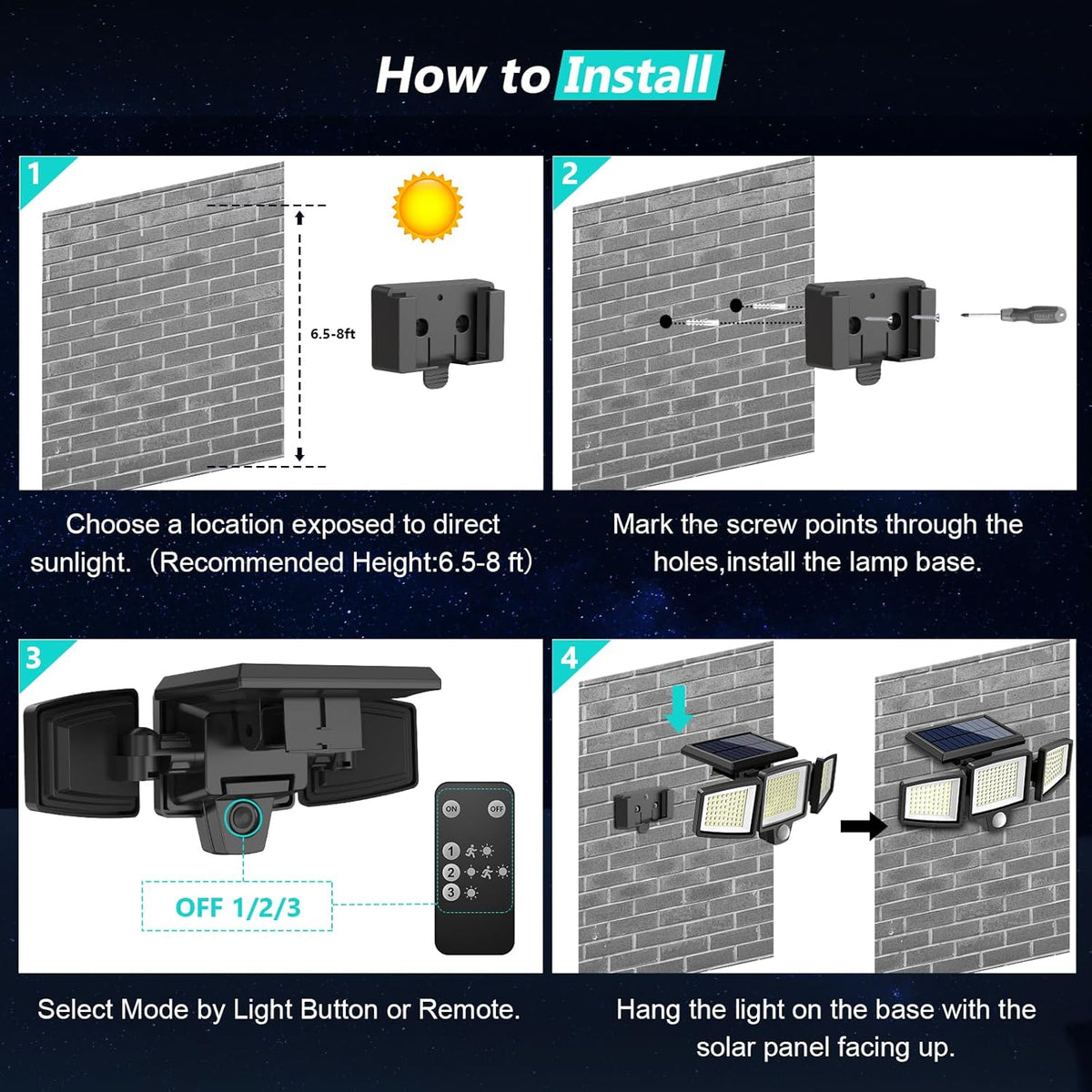 Tuffenough Solar Outdoor Lights 2500LM 210 LED Security Lights with Remote Control,3 Heads Motion Sensor Lights, IP65 Waterproof,270° Wide Angle Flood Wall Lights with 3 Modes