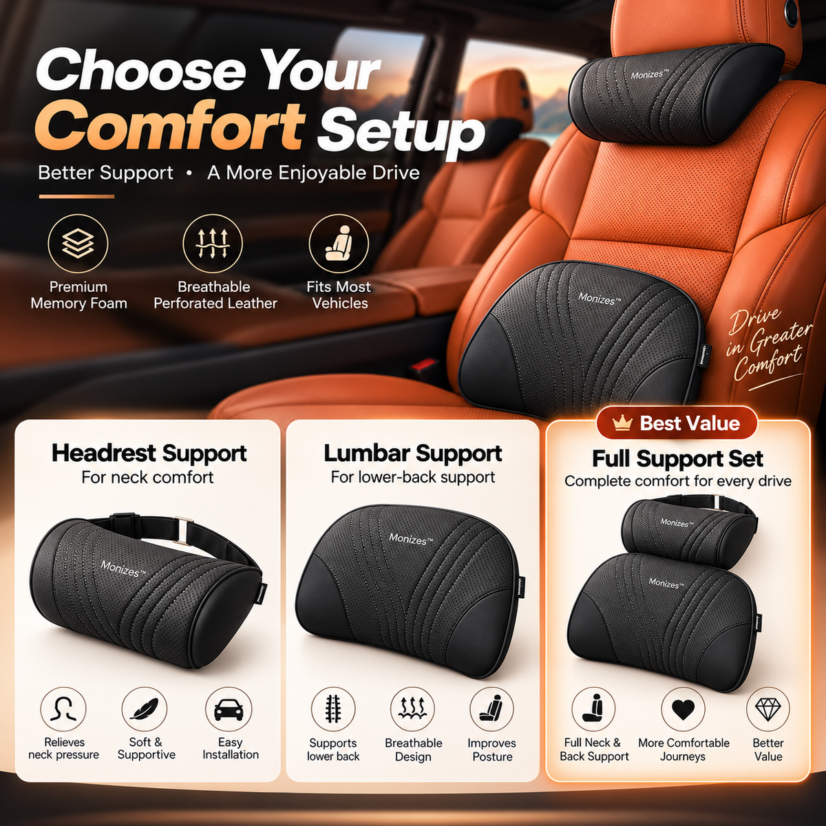 Monizes™ Ergonomic Memory Foam Car Neck & Lumbar Support Pillow