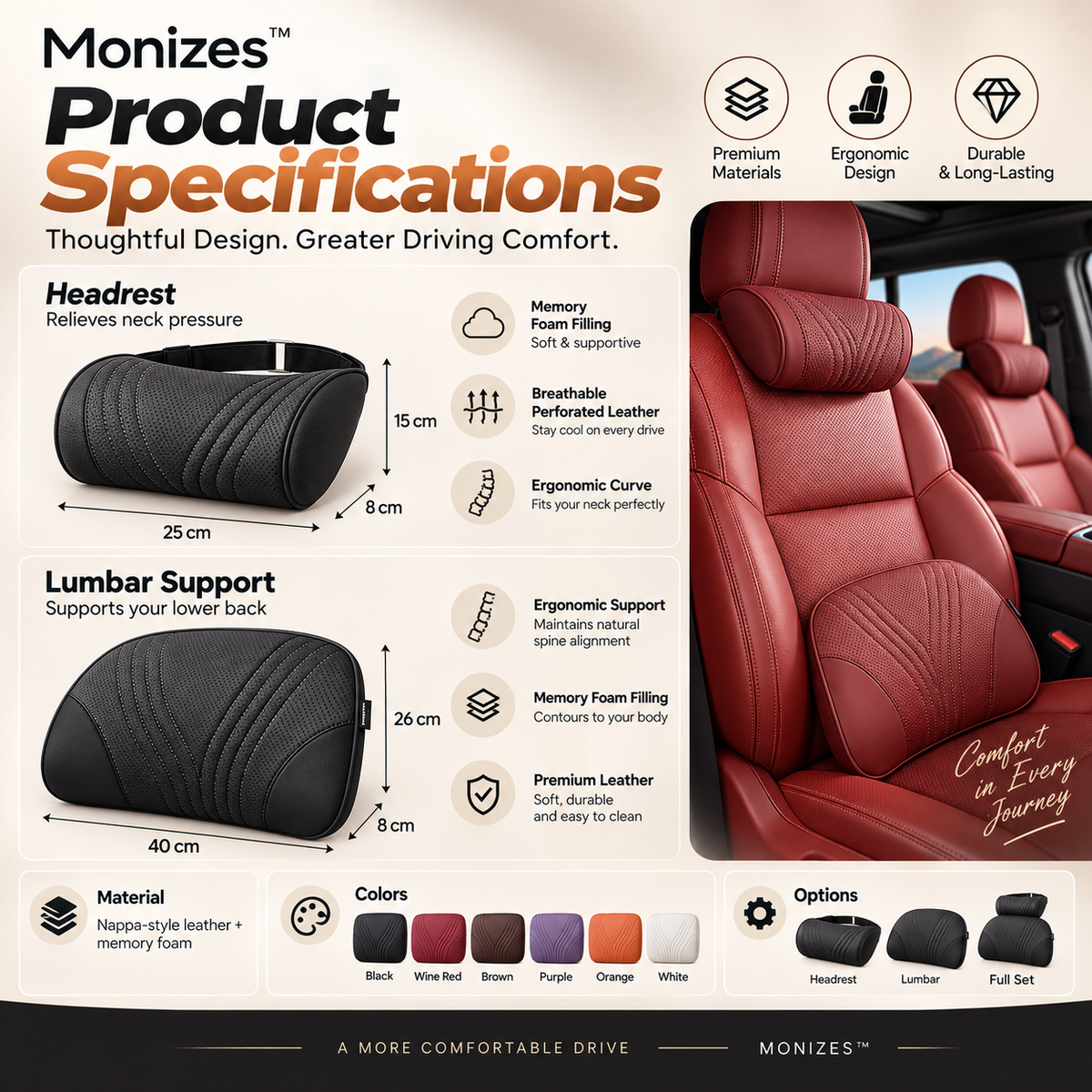 Monizes™ Ergonomic Memory Foam Car Neck & Lumbar Support Pillow