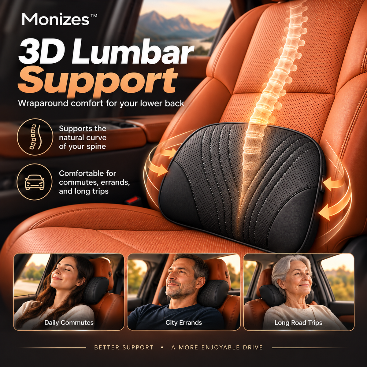 Monizes™ Ergonomic Memory Foam Car Neck & Lumbar Support Pillow