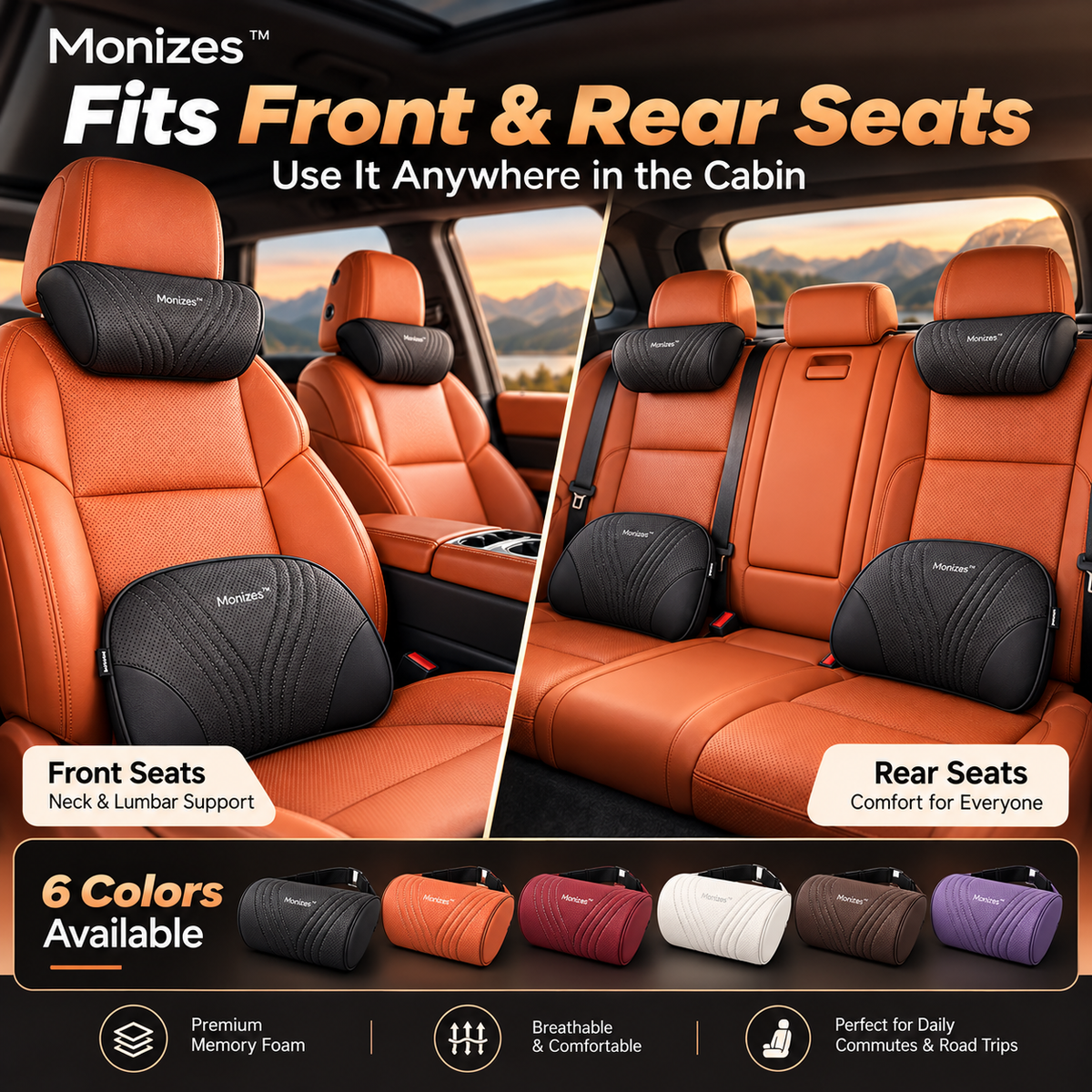 Monizes™ Ergonomic Memory Foam Car Neck & Lumbar Support Pillow