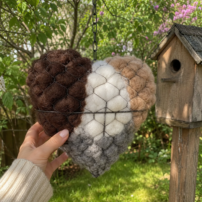 Customer holding alpaca fiber bird nesting heart