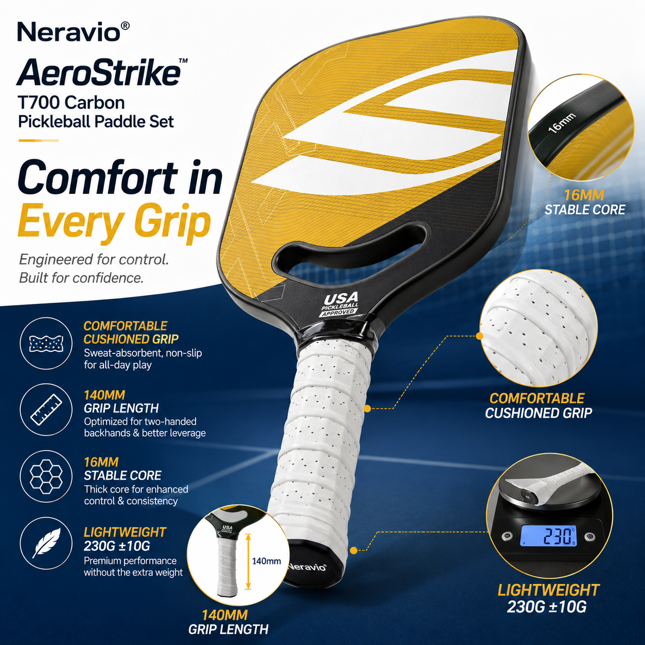 AeroStrike™ 16MM T700 Carbon Pickleball Paddle