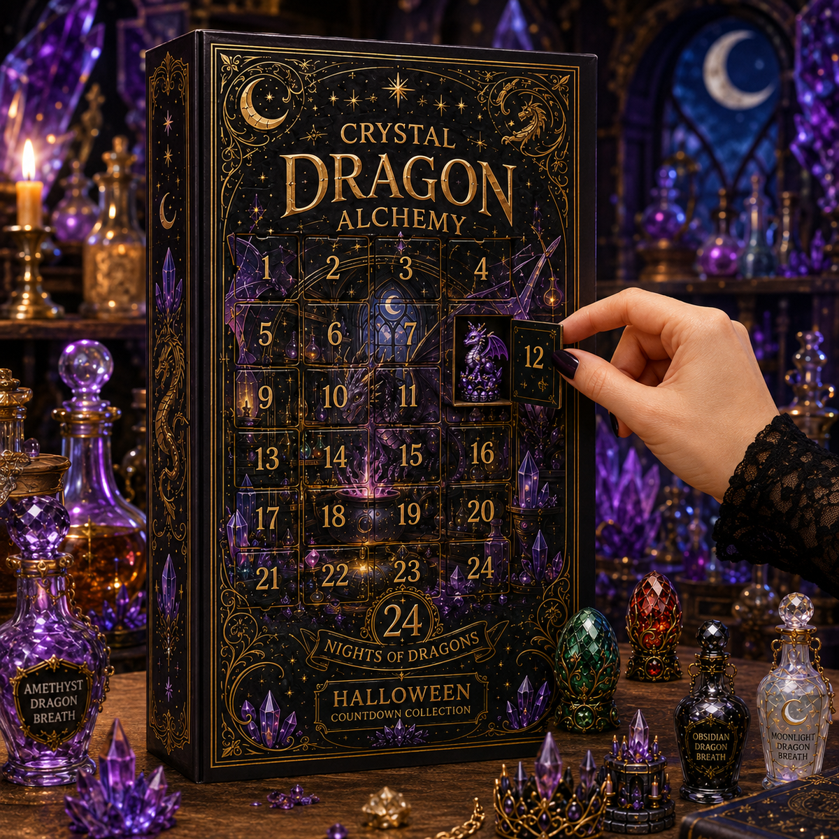 Crystal Dragon Alchemy Halloween Countdown Collection – 24 Nights of Dragons, Crystal Eggs & Magical Potion Miniatures for Fantasy Collectors