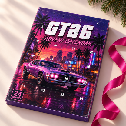 Vice Finds 24-door advent calendar presented on ivory gift wrap with a magenta ribbon.